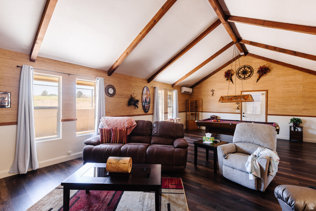 1470 Redwood Tree Street St. George, UT 84790 - Photo 8 of 53 Expansive room featuring a vaulted ceiling with exposed wood beams, wood-finish flooring, and a built-in pool table with an overhead fixture