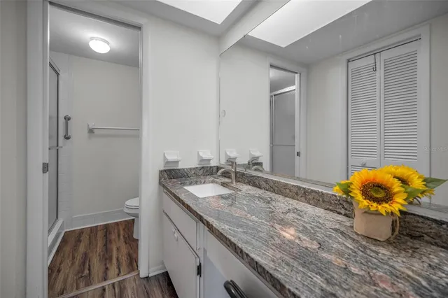 a bathroom with a granite countertop sink and a mirror