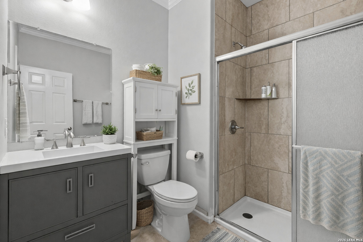 441 Cimarron Spring Branch, TX 78070 - Photo 12 of 20 a bathroom with a shower sink vanity mirror and toilet