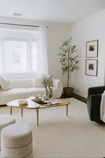 a living room with furniture and a potted plant