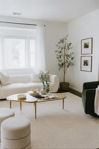 a living room with furniture and a potted plant