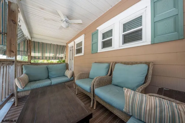 a view of a patio with couches and a potted plant on a table