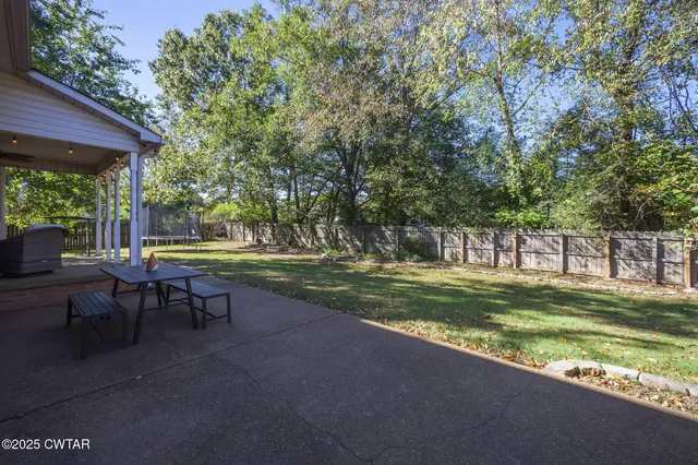 a view of a park with large trees