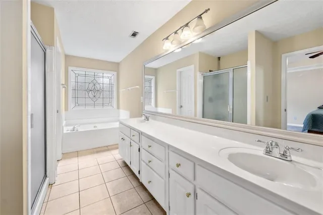 a bathroom with a tub sink shower and a mirror
