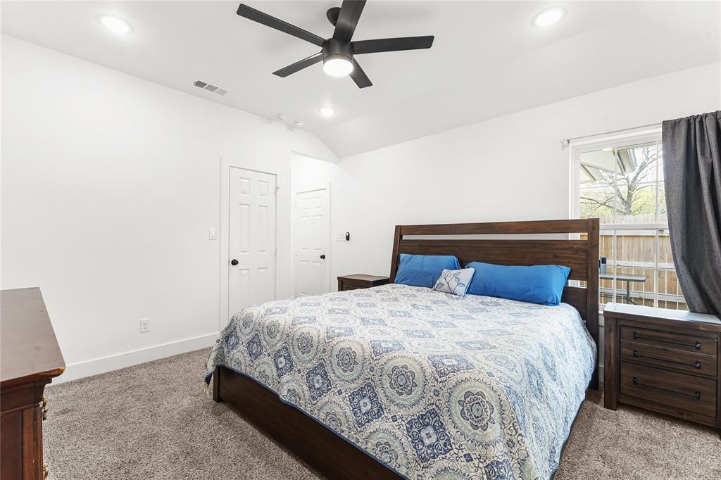 101 Ross Street Sulphur Springs, TX 75482 - Photo 11 of 30 Bedroom featuring carpet floors, a ceiling fan, recessed lighting, and lofted ceiling