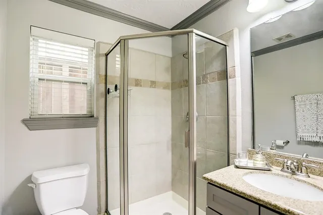 a bathroom with a granite countertop sink toilet and shower