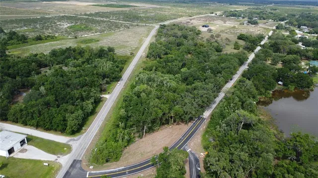 an aerial view of residential houses with outdoor space and trees