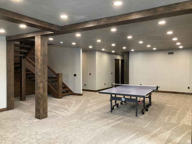 259 Meadow Drive Springville, UT 84663 - Photo 51 of 62 Rec room featuring light colored carpet, recessed lighting, and beam ceiling