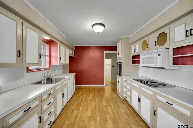 a kitchen with granite countertop a sink a counter space cabinets and stainless steel appliances