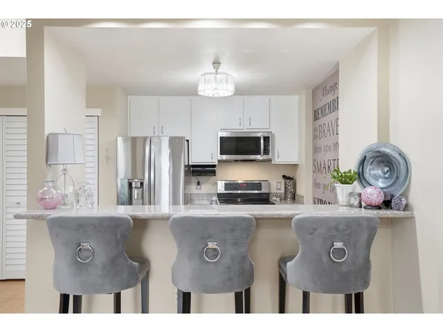 a view of a kitchen with electric appliances
