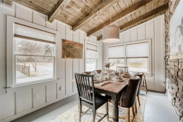 a view of a dining room with furniture window and outside view