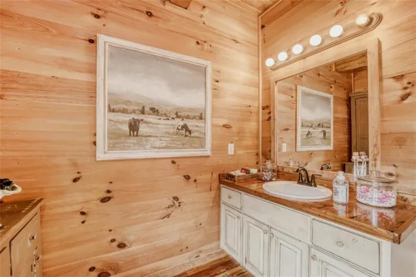 a bathroom with a granite countertop sink a mirror and a shower