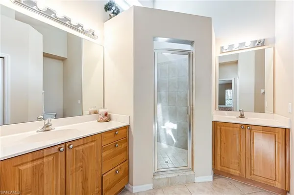 a bathroom with a sink a mirror and a shower