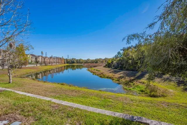 a view of a lake with houses in the back
