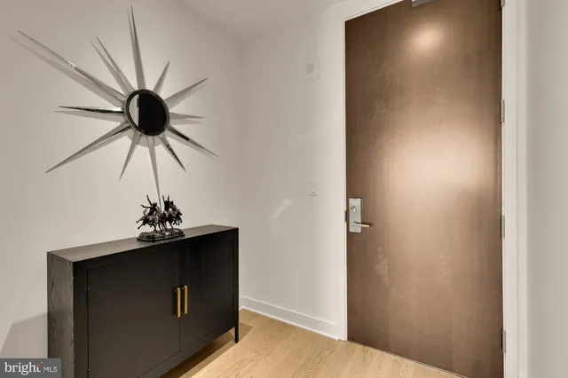a room with a chandelier fan and a potted plant