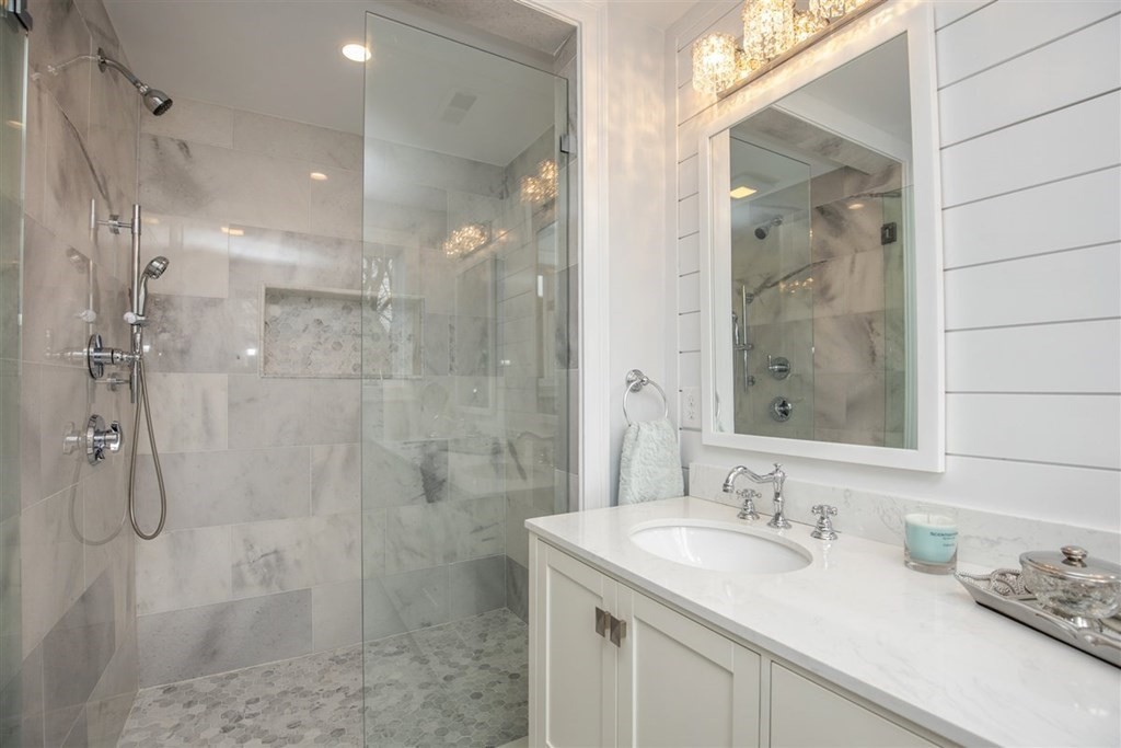 6 Rolleston Road Marblehead, MA 01945 - Photo 15 of 26 a bathroom with a granite countertop sink mirror and shower