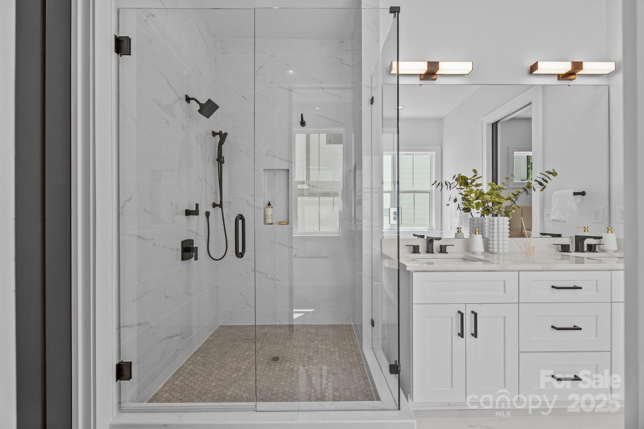 3949 Plainview Road Charlotte, NC 28208 - Photo 25 of 42 a bathroom with a granite countertop sink mirror and shower