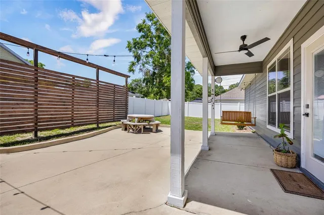 a view of a porch with a patio