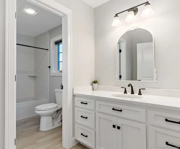 a bathroom with a double vanity sink toilet and a mirror