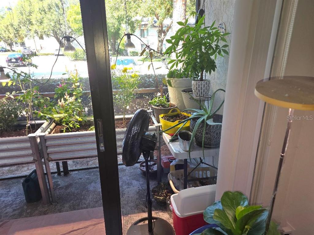 1281 Pine Ridge Circle East, Unit E1 Tarpon Springs, FL 34688 - Photo 12 of 12 a view of a porch with chairs and potted plants