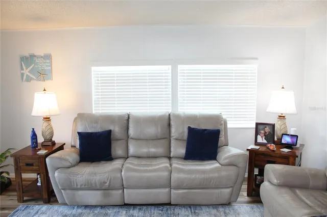 a living room with furniture and a lamp