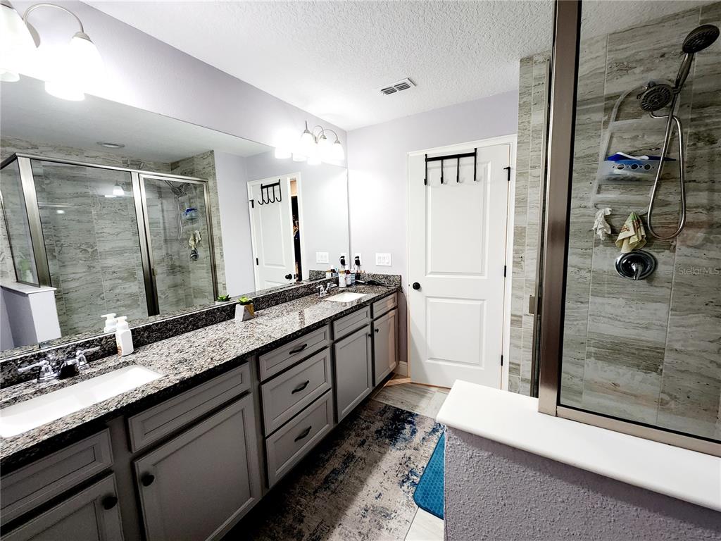 5508 Viola Lee Way Lutz, FL 33558 - Photo 25 of 60 a bathroom with a double vanity sink and mirror with shower