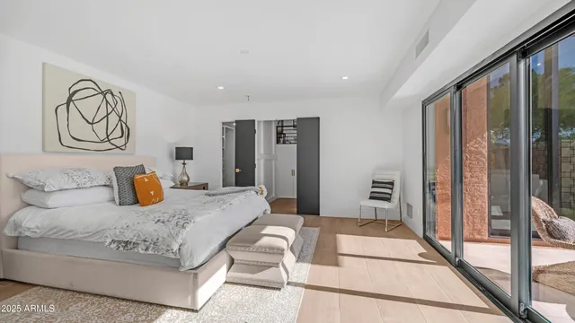 a bedroom with bed and walk in closet