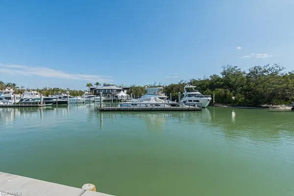 a view of a lake with boats and trees in the background