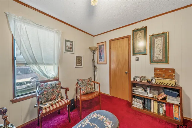 a bedroom with furniture and a book shelf