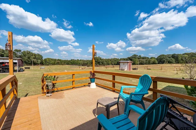 a view of a lake with couches and city view