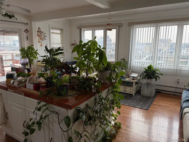 a room with view of potted plants and wooden floor