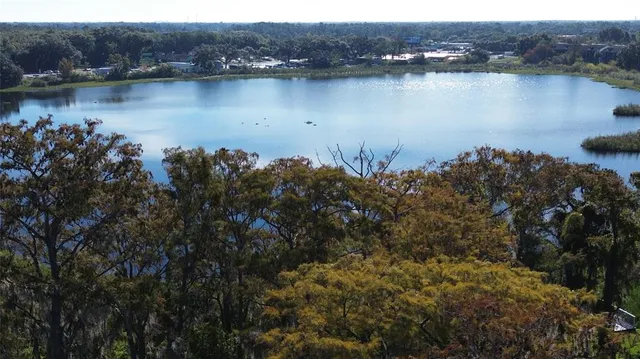 a view of a lake with a city
