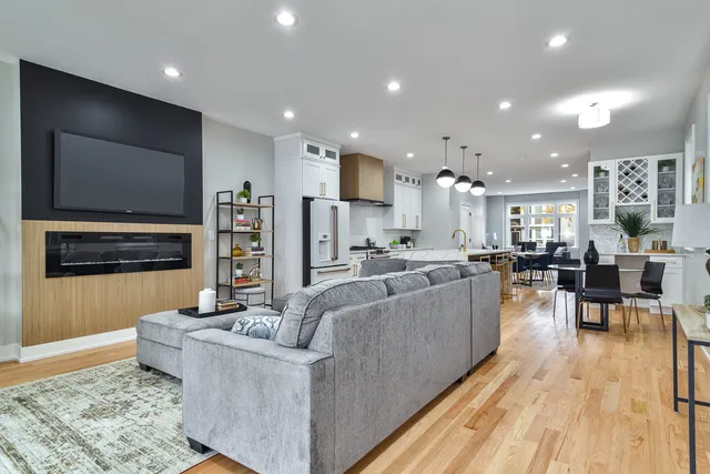 a view of a dining room with furniture
