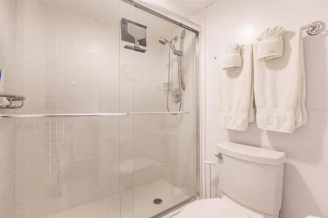 a bathroom with a shower and a toilet