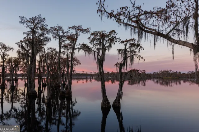 a view of a lake with houses in the back