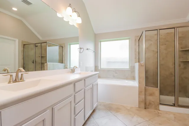 a bathroom with a granite countertop sink a mirror and a bathtub