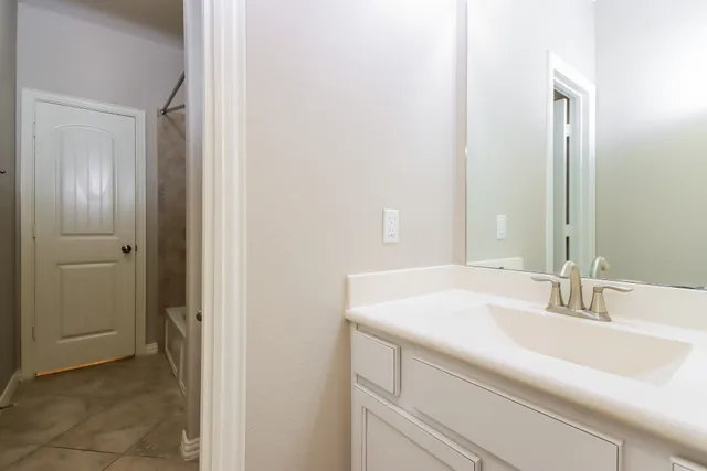 a bathroom with a sink and a mirror