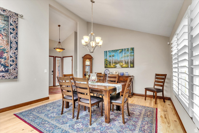 2863 Fallentine Road Sandy, UT 84093 - Photo 23 of 48 Spacious dining area featuring wood-finish flooring, plantation shutters, and a vaulted ceiling
