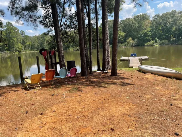 a view of a park with large trees and a bench