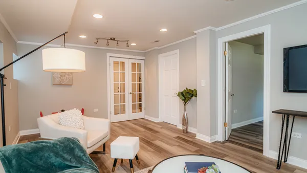 a living room with furniture and a potted plant