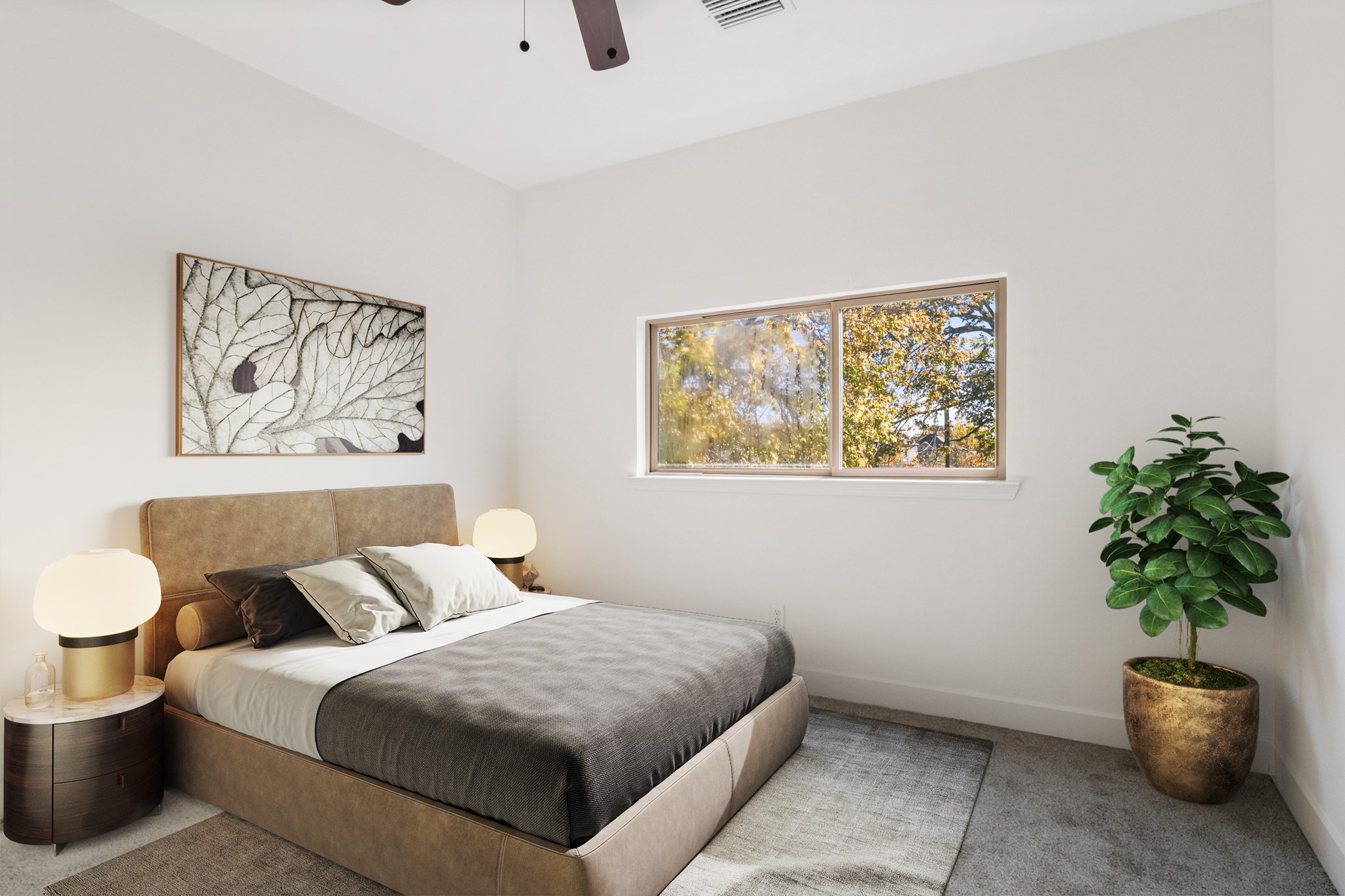 8046 Chateau Street Houston, TX 77028 - Photo 9 of 22 This bedroom is bright and cozy, featuring a modern bed with neutral bedding, a large window offering a nature view, and a minimalist decor with a leafy artwork and a potted plant.