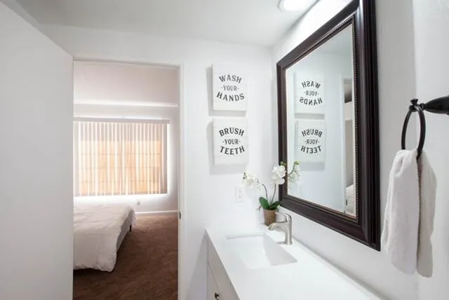 a bathroom with a sink a mirror and a window