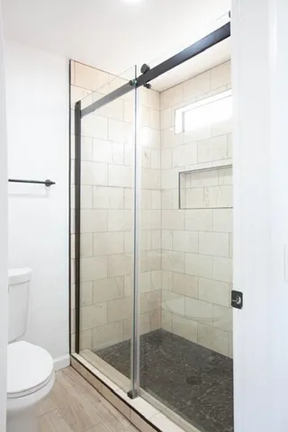 a bathroom with a shower and a toilet