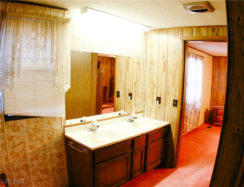 31 South 4th Street Panaca, NV 89042 - Photo 17 of 36 Bathroom featuring double vanity, light carpet, a textured ceiling, and wooden walls
