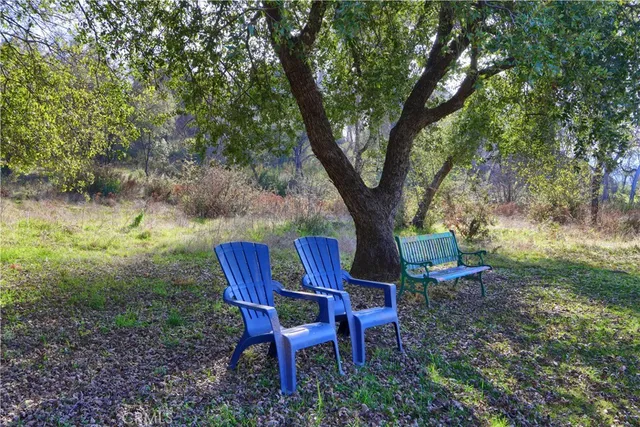 a view of backyard with table and chairs under an umbrella