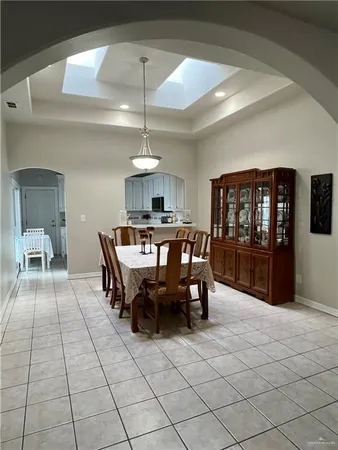 a view of a dining room with furniture