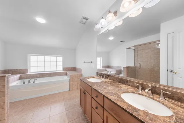 a bathroom with a granite countertop sink a large mirror and a bathtub with shower