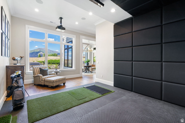 115 East Hidden Ridge Lane, Unit 42 Mapleton, UT 84664 - Photo 65 of 103 Dedicated golf simulation area featuring a padded wall, specialized flooring, and a ceiling-mounted projector