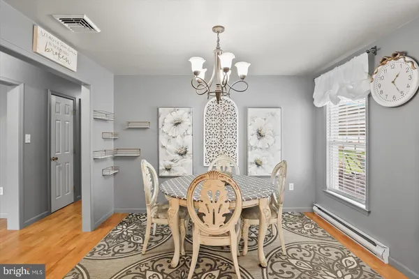 a view of a dining room with furniture window and wooden floor
