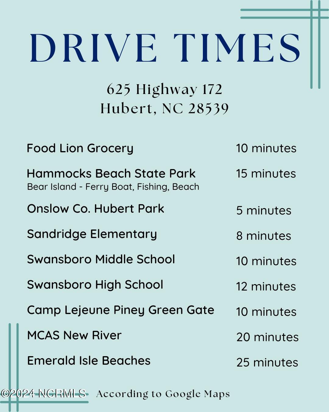 625 Highway 172 Hubert, NC 28539 - Photo 40 of 42 Drive Times 625 Hwy 172